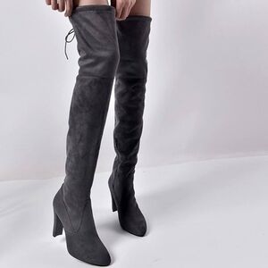 Stuart Weitzman Highland Gray Suede Over-The-Knee OTK Block Heel Boots 8.5